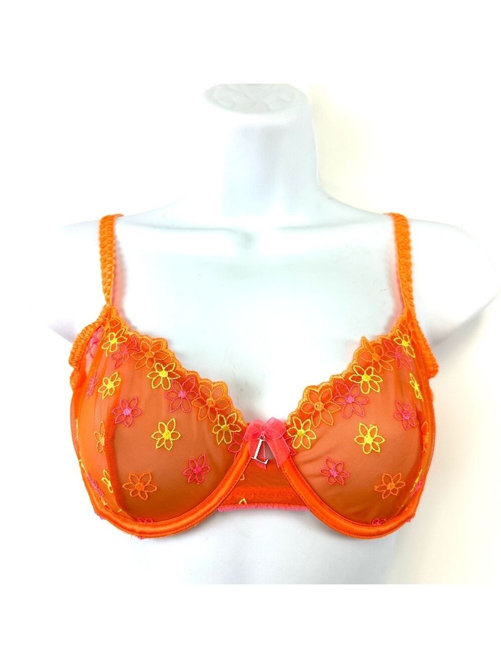 Lounge Neon Orange Balcony Bra 34D floral sheer underwire NWOT